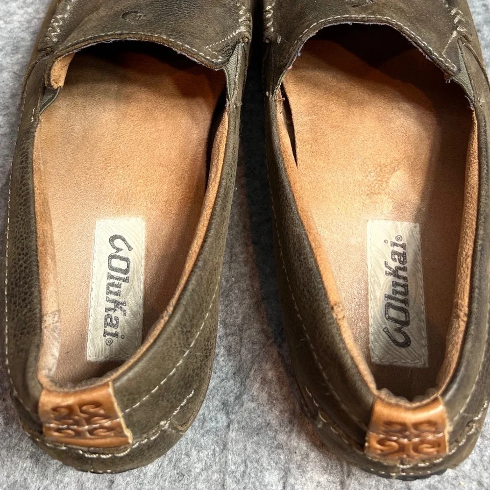 OluKai Moloa Mens Leather Loafers Dark Wood Brown Slip On Shoes Size 10